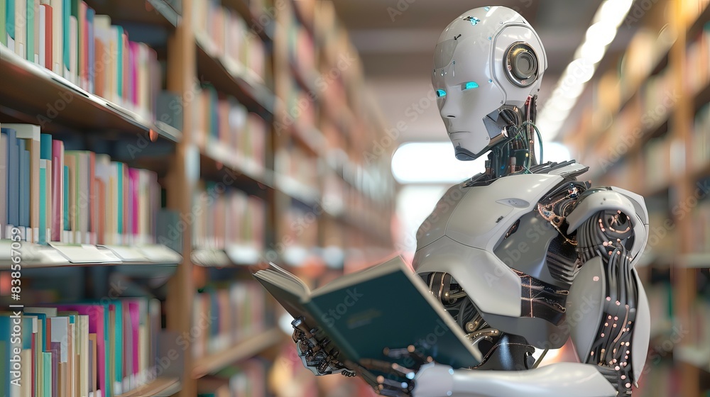 Aufkleber 3d rendering of a humanoid robot reading a book in a library