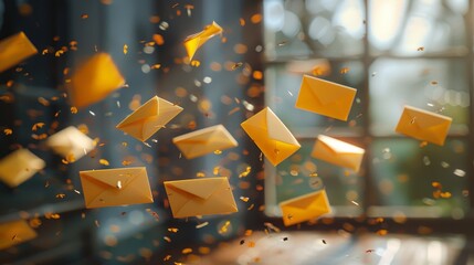Golden envelopes floating in air with a dazzling display of sparkles, symbolizing communication and celebration
