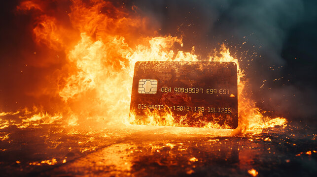 A credit card ablaze in scarlet flames