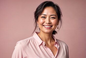 Fit and beautiful 45 year old asian american woman, smiling, regular fit, casual pink shirt, transparent pastel pink background