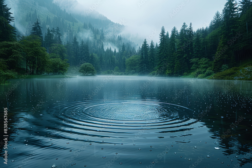 Poster a misty landscape with raindrops creating ripples in a serene lake. concept of nature and calmness i