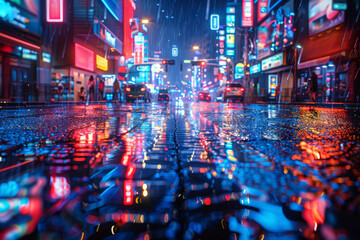 A street scene with reflections of neon lights in the wet pavement. Concept of urban life and rainy night ambiance. Generative Ai.