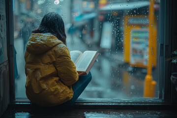 A person reading a book by a window as rain pours outside. Concept of solitude and literary escape...