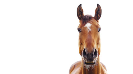 front view of brown horse head with its body isolated on white background