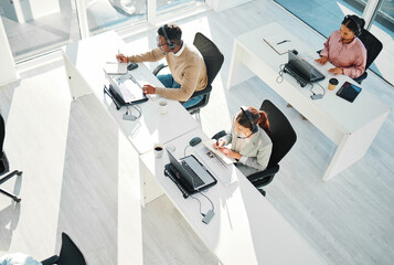 Call center, group and team at telemarketing help desk with laptop for customer service, IT support...