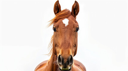 front view of brown horse head with its body isolated on white background