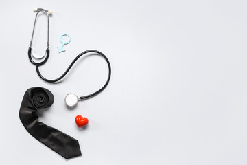 Tie, stethoscope, heart and male sign on grey background. Prostate cancer awareness