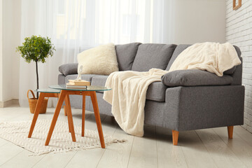 Comfortable sofa with plaid and pillow near coffee table with books in interior of living room