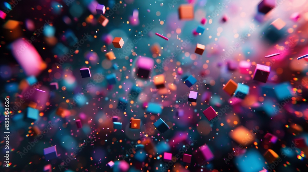 Poster a colorful abstract background with many small cubes falling from the sky, ai