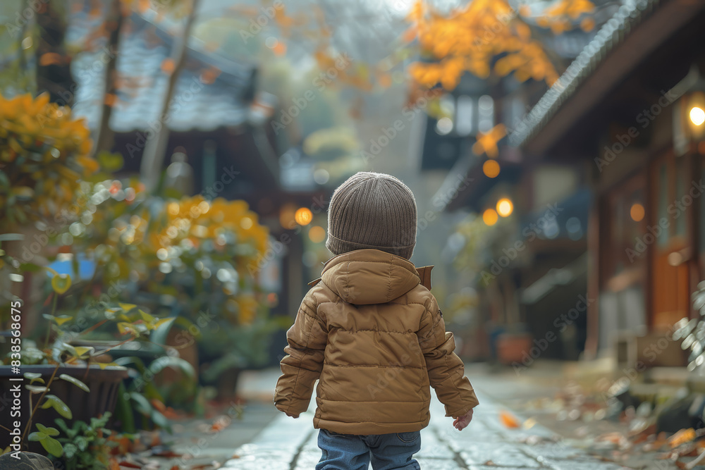 Poster a toddler taking hesitant steps, exploring the world around them. concept of early childhood develop