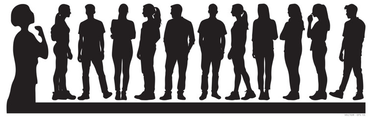 Black Silhouette of Group Standing in Various Poses and Emotions