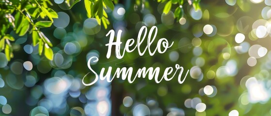 A soft, blurred background of trees and grass with the text "Hello Summer" in elegant script font centered on top of it Generative AI