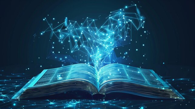 Artificial intelligence creating an ebook with polygonal design of interconnected lines and points on a blue background
