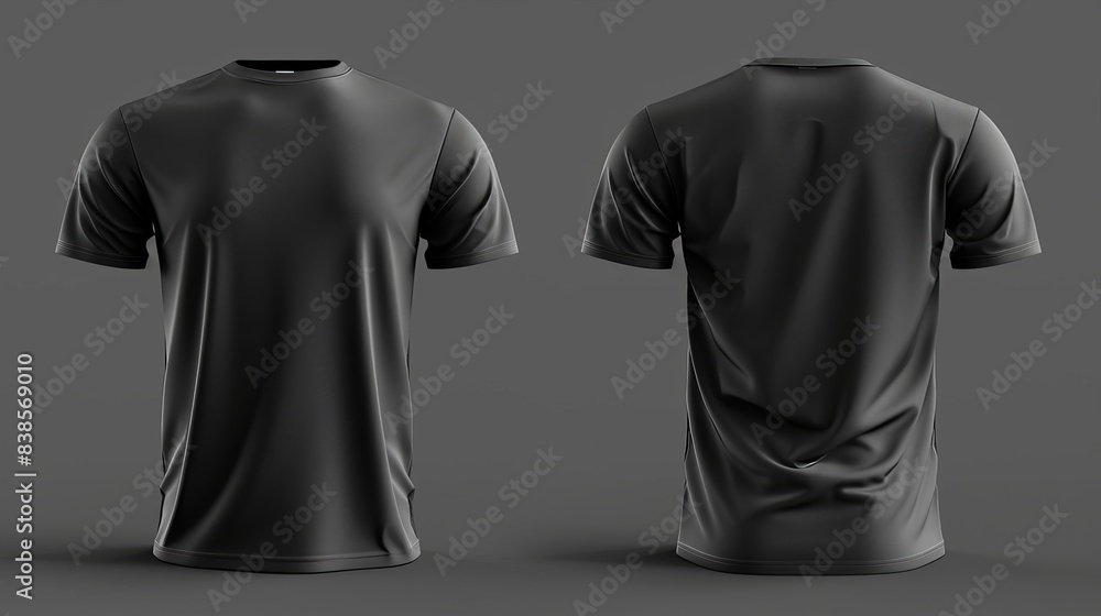 Poster blank black clean tshirt mockup isolated in front and back views 3d rendering empty gray undershirt 