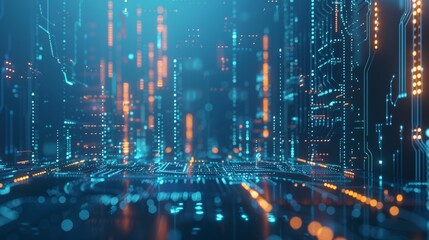 Fototapeta premium Abstract background with digital glowing lights and circuit board wall underwater elements on a dark blue background, high quality 3D rendered illustration of an abstract futuristic technology