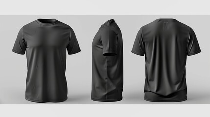 Blank black clean tshirt mockup isolated in front and back views 3D rendering Empty gray undershirt model mockup Clear dark classic soccer shirt template