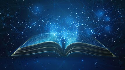 Artificial intelligence creating an ebook with polygonal design of interconnected lines and points on a blue background