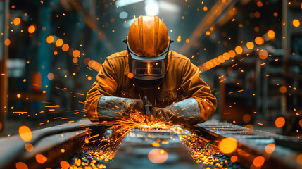 A worker wearing protective gear in steel fabrication workshop and welding steel with sparks flying inside the factory