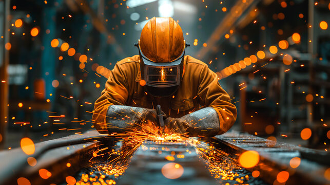 A worker wearing protective gear in steel fabrication workshop and welding steel with sparks flying inside the factory