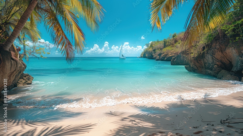 Wall mural Sunny beaches dotted with palm trees and sailboats on the horizon