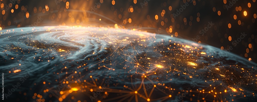 Poster generative ai illustration of glowing planet with yellow network connecting cities on black backgrou