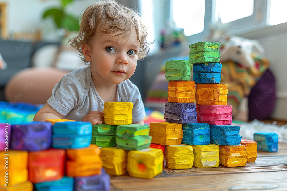 Poster a toddler building a tower with colorful blocks. concept of fine motor skills and creativity in play