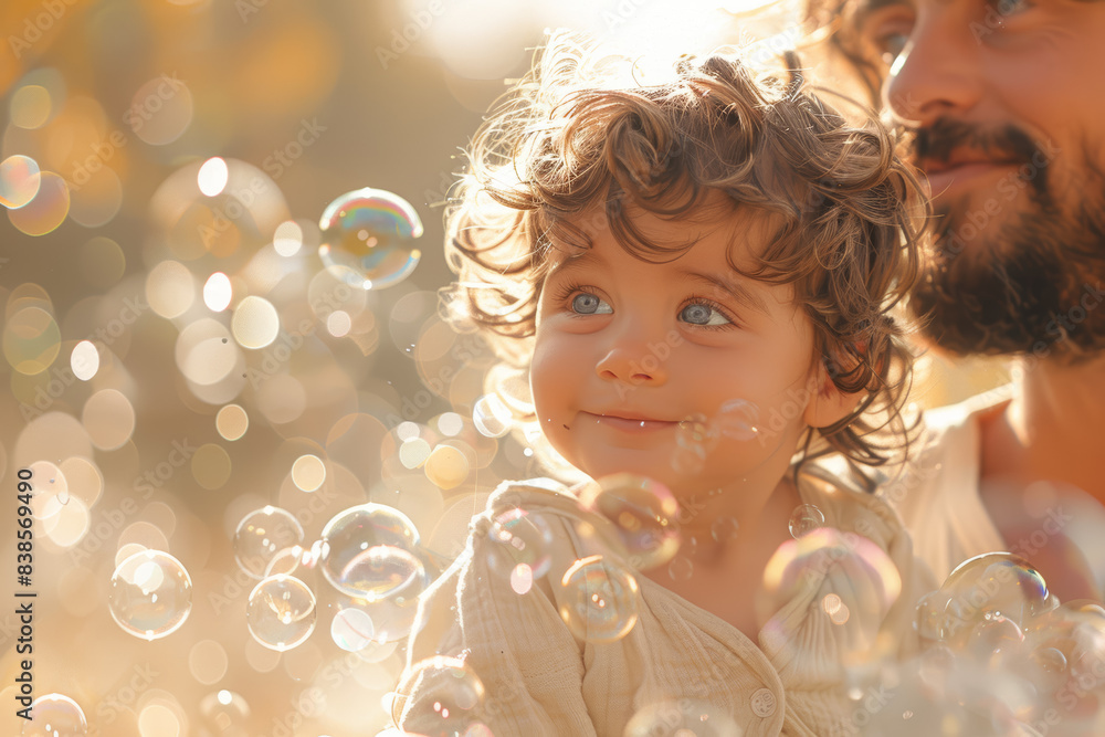 Poster a parent blowing bubbles for their baby to chase and pop. concept of sensory play and visual stimula