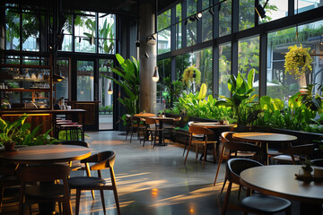 Naklejka premium The stylish cafe boasts a modern design with large windows and greenery