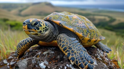 Turtle sits on a rock and basks in the sun