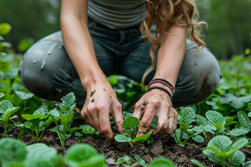 Fototapeta premium A person gardening in the backyard, emphasizing physical activity. Concept of active hobbies. Generative Ai.
