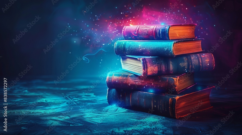 Poster futuristic projection of a stack of books concept of online elearning and innovative knowledge elear