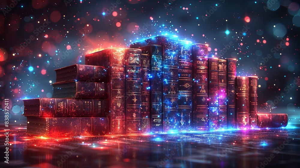 Poster futuristic projection of a stack of books concept of online elearning and innovative knowledge elear