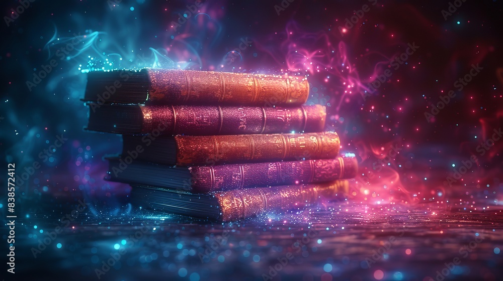 Poster futuristic projection of a stack of books concept of online elearning and innovative knowledge elear