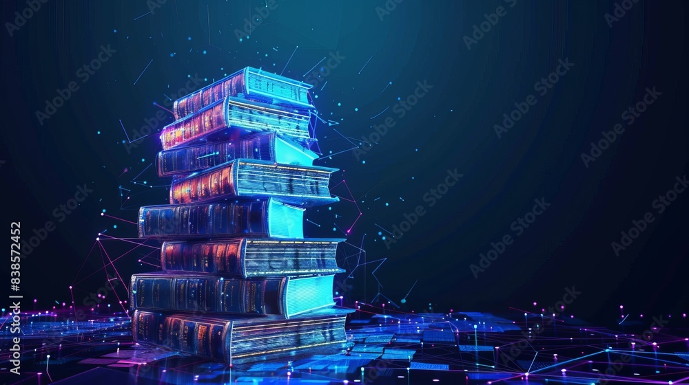 Poster futuristic projection of a stack of books concept of online elearning and innovative knowledge elear