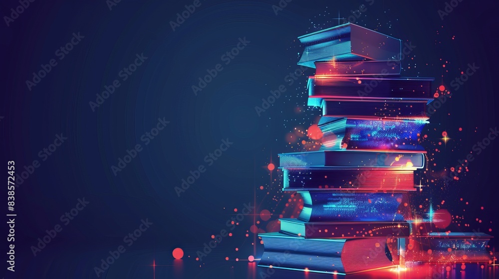 Poster futuristic projection of a stack of books concept of online elearning and innovative knowledge elear