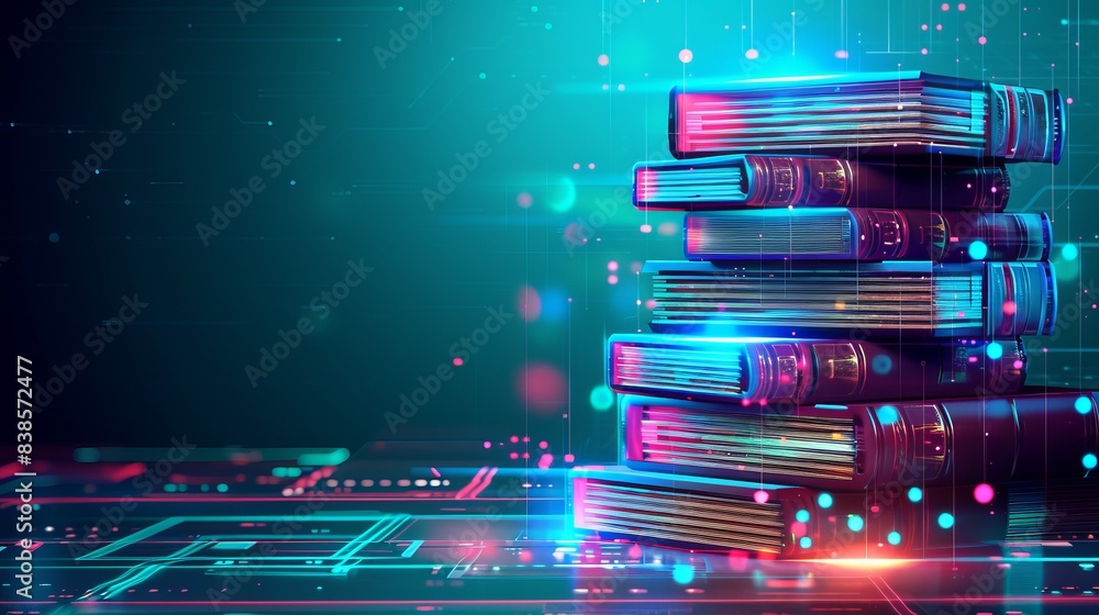 Poster futuristic projection of a stack of books concept of online elearning and innovative knowledge elear