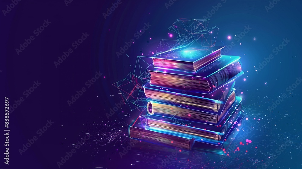 Poster futuristic projection of a stack of books concept of online elearning and innovative knowledge elear