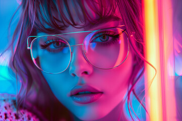 A girl retro style colorful neon lights