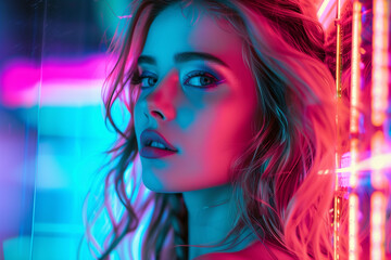 A girl retro style colorful neon lights