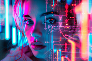 A girl cyber retro style colorful neon lights
