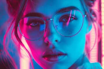 A girl retro style colorful neon lights