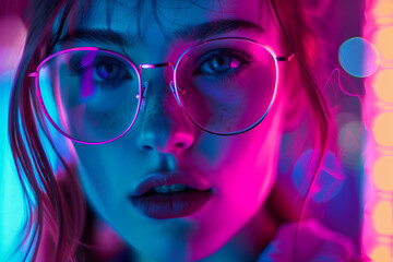 A girl retro style colorful neon lights