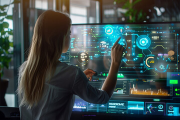 woman working on futuristic dashboard
