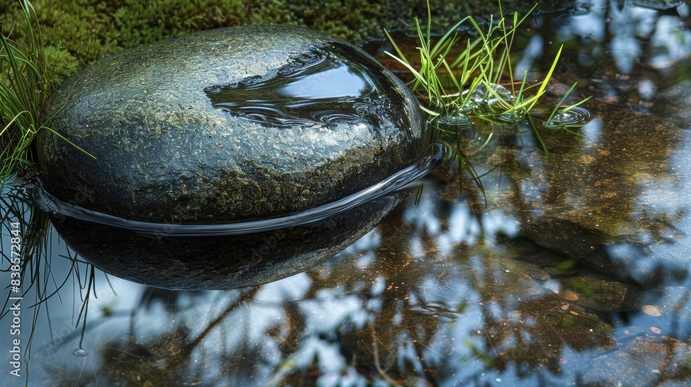 Poster a polished dark river stone captures the light like a mirror reflecting the surrounding grass and tr