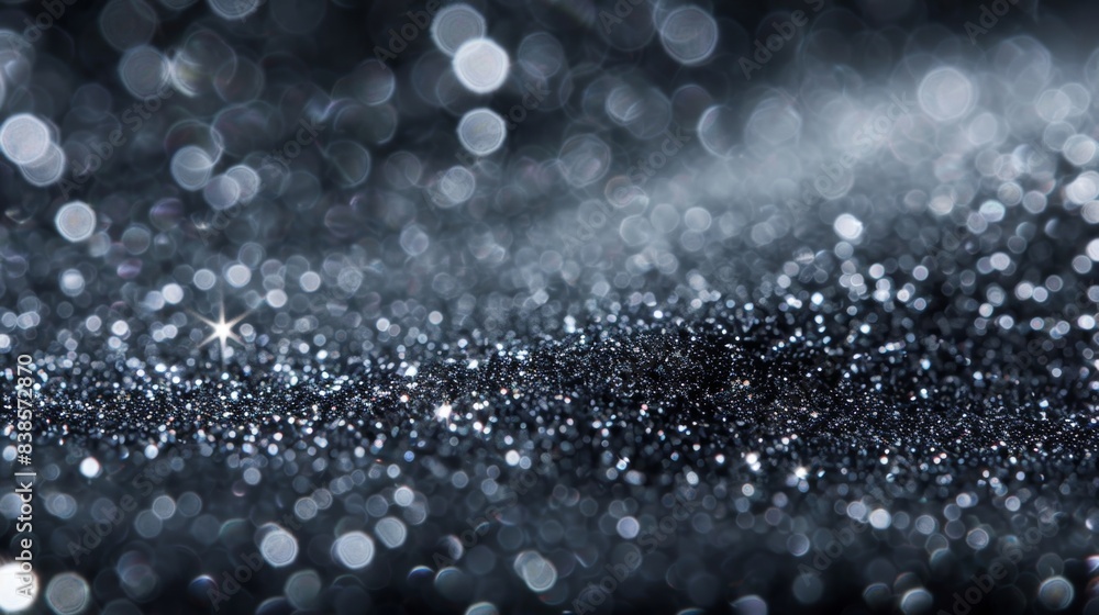 Poster a macro shot of fine silver glitter tered on a black background creating a sparkling starry sky effe
