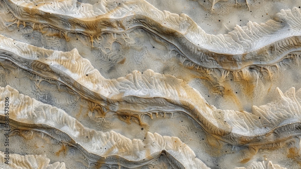 Poster a topdown view of layers upon layers of sand forming wavy patterns reminiscent of ocean waves frozen