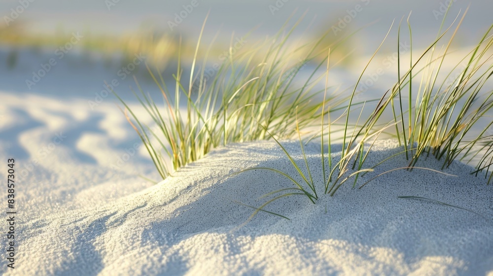 Poster a closeup of a dunes edge where small tufts of grass cling to the smooth rolling sand and create an 