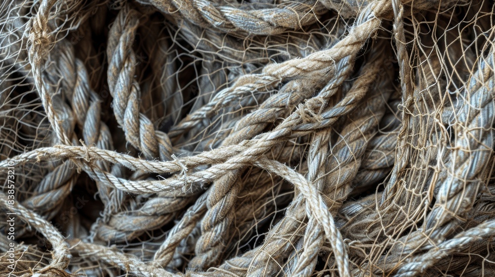 Poster strands of frayed and weathered netting twisted and knotted together in a jumble of tangled lines