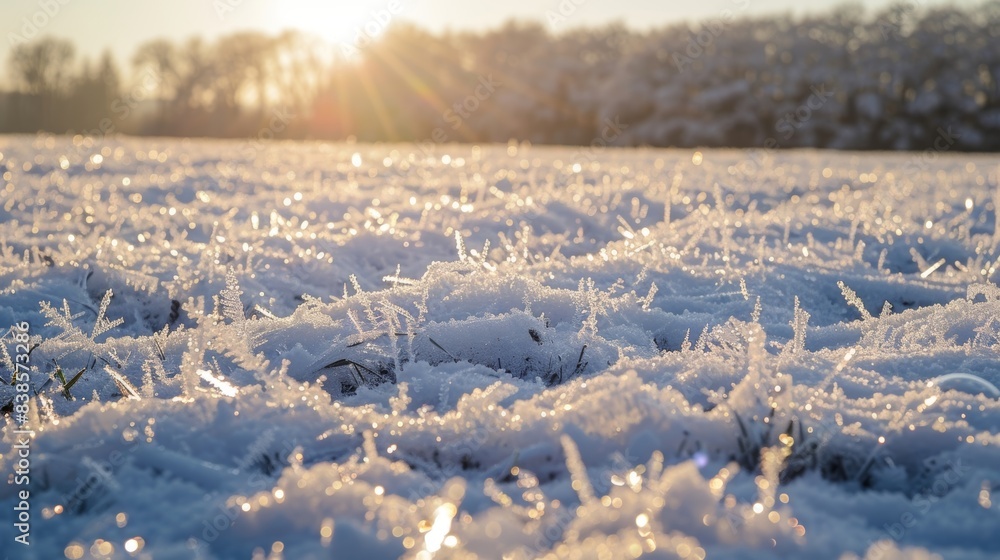 Poster a thick layer of frosty sparkling snow covering a field each individual flake sparkling and adding t