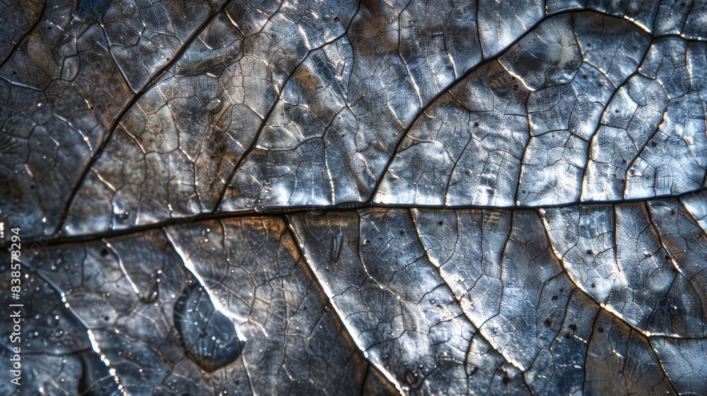 Poster in this closeup texture image the leaf appears almost metallic with a shiny mirrored surface that re